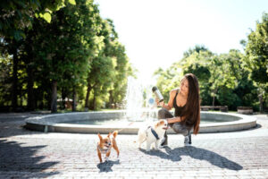Young woman having fun with her dogs in front of the fountain in park
