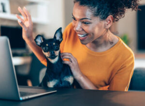 Young afro-american woman sitting with her pet dog and using laptop for video call at home