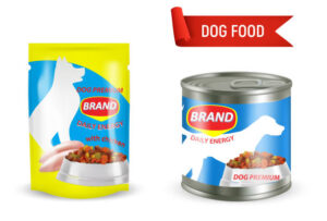 Dog food package mockup set, vector realistic illustration isolated on white background. Stand up foil pouch bag and metal can for pet food packaging.